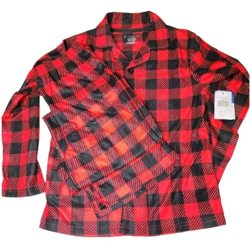 Kids PajamaGram Fleece 2 Piece Red Buffalo Plaid Button Down Pajama Set Sz 8/Med - Picture 3 of 8